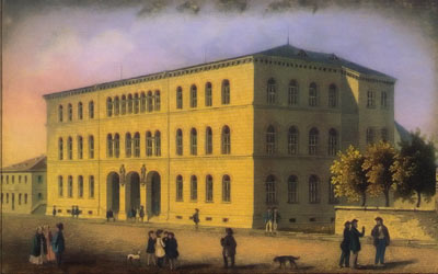 Первое собственное здание Политехнической школы, построенное в 1836 г. по проекту Генриха Хюбша. Сегодня является западным флигелем главного здания на Кайзерштрассе. Обложка книги К.П. Хёпке «История Фридерицианы…»