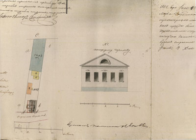 План земельного участка и фасад здания в Гороховском переулке. 1834 г. ЦАНТДМ.